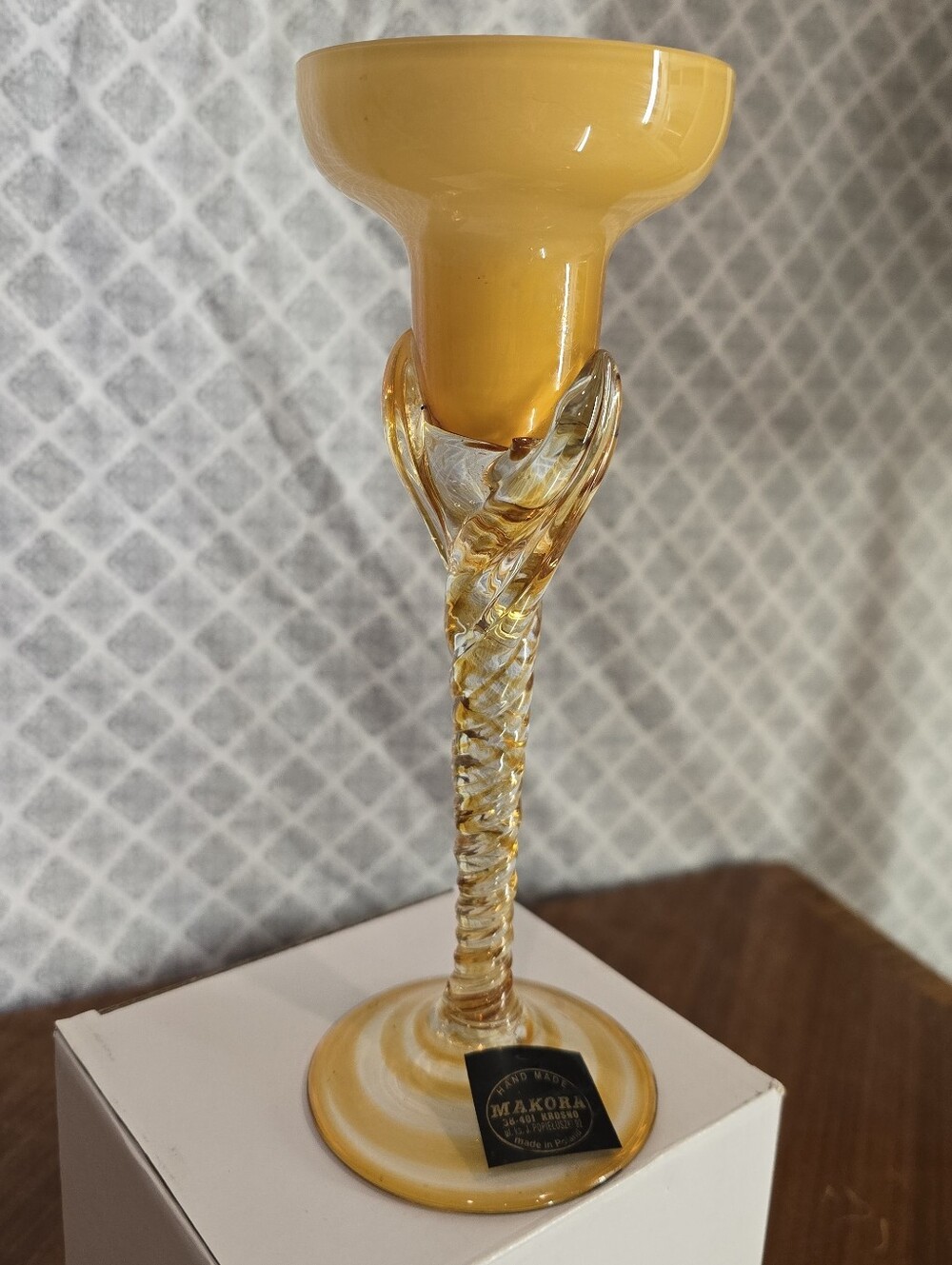 Vintage Makora Krosno Amber Swirl Twisted Glass Candlestick Holder Poland